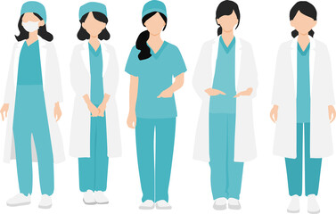 手術着を着た医者(女医)のイラストセット