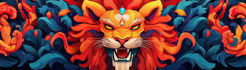 Fototapeta premium Majestic lion roaring amidst vibrant colors, symbolizing strength and celebration. intricate design showcases blend of fiery hues and flowing patterns, evoking sense of power and festivity
