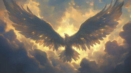 Obraz premium A pair of large, ethereal wings spread wide against a backdrop of a cloudy sky. The wings are bathed in a warm, golden light, giving them a radiant and almost angelic appearance.