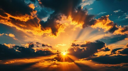 The sun is shining through the clouds, creating a beautiful and serene scene