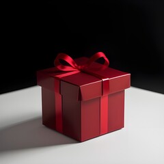 Obraz premium red gift box on black background with ribbon for luxury present or black friday concept backdrop