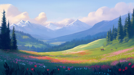 Naklejka premium A picturesque landscape with rolling hills and dense forests. In the foreground, there's a vibrant meadow adorned with pink and red flowers. Towering pine trees flank the meadow on both sides.