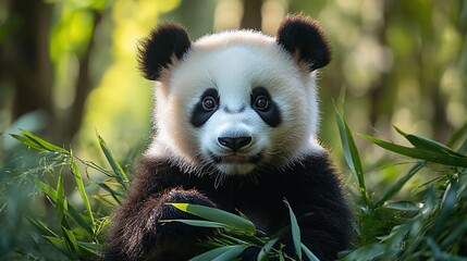 Obraz premium a cute panda relaxing in the green forest while enjoying a bamboo snack, showcasing the beauty of wildlife in its natural habitat