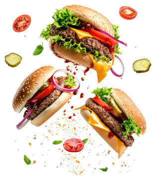 PNG Exploding four burgers food floating meal.