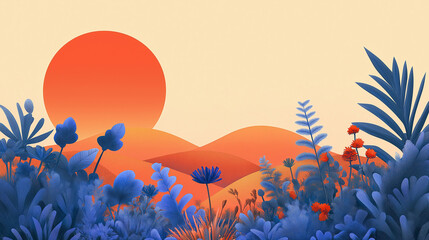 Fototapeta premium A serene landscape dominated by rolling hills and lush vegetation. A large, vibrant orange sun is positioned in the upper left corner, casting a warm glow over the scene.