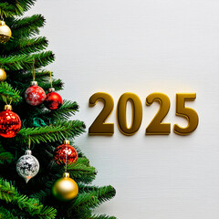 New Year 2025 - gold text on white background next to Christmas tree