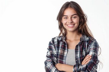 Fototapeta premium Smiling young woman dressed in casual style with arms folded, isolated on white , background blur