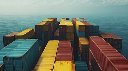 Fototapeta premium Containers on a cargo ship in the open ocean, showcasing the global export-import process for international trade. No logos.