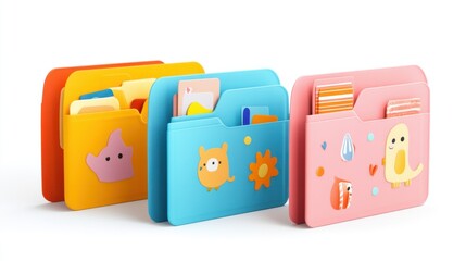 A bright display of three playful folders with cartoon graphics, isolated on white, ideal for capturing a fun and creative spirit