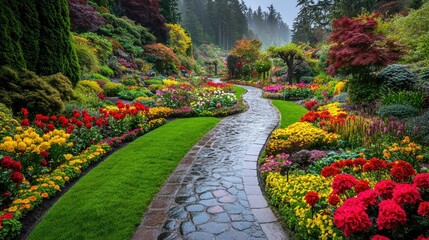 The beautiful Butchart Gardens in Victoria, captured on a peaceful day with vivid colors and no visitors.