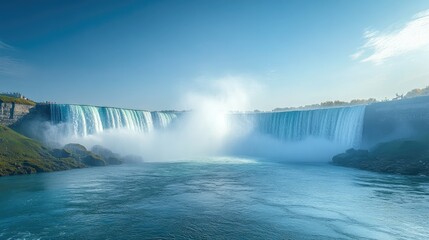 Fototapeta premium The majestic Niagara Falls captured during the day, with clear skies and no tourists in sight.