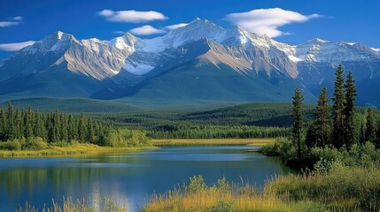 The Rocky Mountains seen from Jasper National Park, with a pristine natural landscape, devoid of human activity.