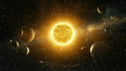 Naklejka premium The sun at the center with planets orbiting, surrounded by distant stars, a celestial perspective.