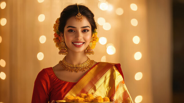 young indian woman holding sweet plate on diwali festival