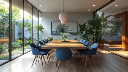 wooden table and blue chairs in a modern Scandinavian dining room, perfect for a minimalist and stylish interior design with a cozy and natural aesthetic