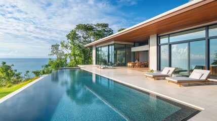 Fototapeta premium exterior and interior design of a house or new building featuring a tropical villa with a swimming pool and a green garden