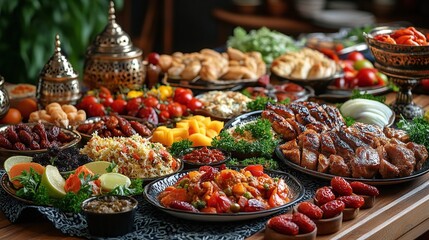 festive Iftar feast for Ramadan Kareem with dates, fruits, salads, and meat dishes on a decorated table, perfect for celebrating the holy month with family