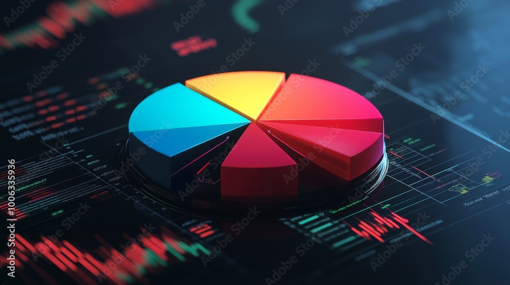 Poster A sleek financial pie chart with colorful segments representing investment portfolios, set against a digital background with financial data, graphs, and stock market indicators.
