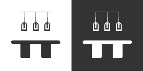 Furniture interior icon with dining table and chandelier. Flat style. Black and white version
