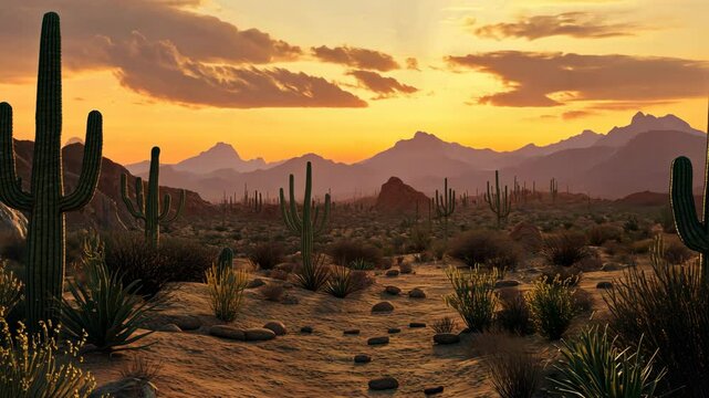 A desert landscape at sunset, with tall cacti silhouetted against the orange sky and distant mountains