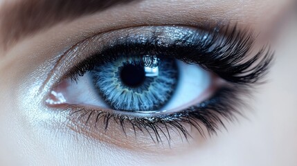 Obraz premium Close-up of a beautiful blue eye with long eyelashes and shimmery makeup.