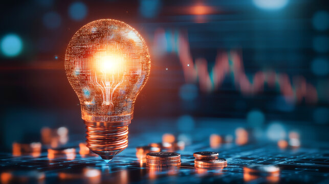 A glowing light bulb symbolizes innovation and ideas with a backdrop of dynamic data and coins, representing financial growth.