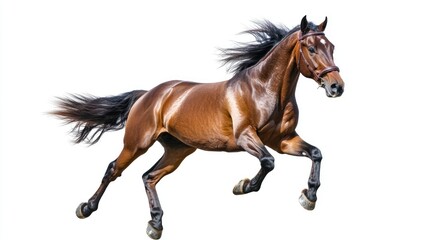 Obraz premium A galloping brown stallion captured in motion against a solid white background, showcasing its muscular build.