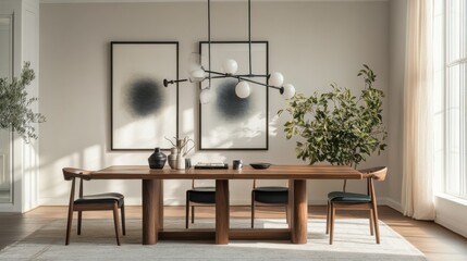 An elegant dining room with a long wooden table and luxurious armchairs, beautifully illuminated by a spectacular chandelier. Neutral tones of beige, soft gray and warm brown create an elegant and coz