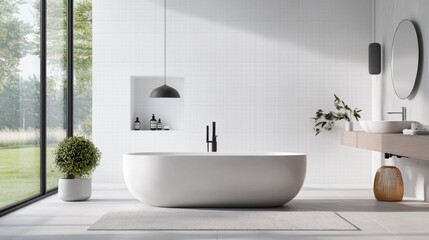 Luxurious modern home bathroom interior with light walls and natural light.