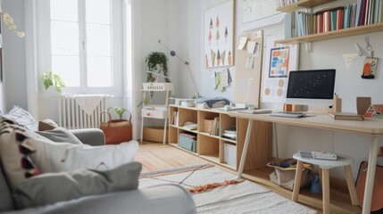Cozy Living Room with a Modern Desk and Bookshelf
