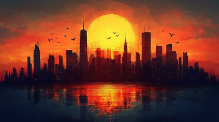 sunset skyline with silhouetted skyscrapers, capturing the urban architectural grandeur and vibrant economic pulse of the modern city