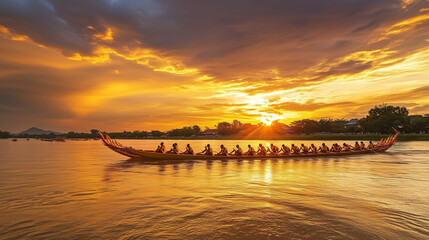 Fototapeta premium stunning dragon boats at Bon Om Touk festival, rowers row in sync under the golden sunset, Ai generated images