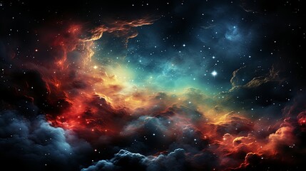 Fototapeta premium Cosmic Dance of Red and Blue Nebulas, A Symphony of Celestial Dust and Distant Stars