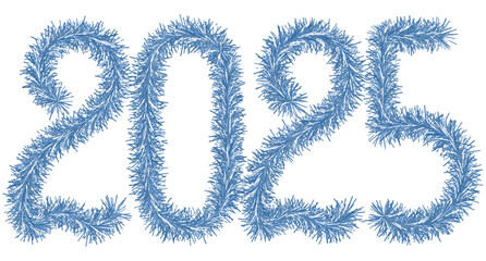 Tinsel. 2025. Lettering from festive Christmas decoration. Fluffy numbers in blue. Vector illustration. Isolated background. Cute plush message. Coming year. Rustling lettering. Idea for web design