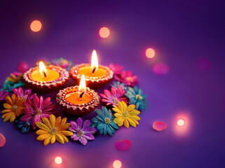 diwali festival concept oil lamp on purple background