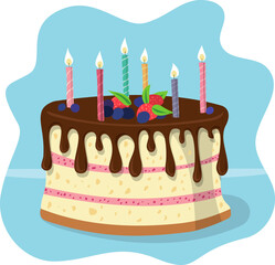 Flat illustration of a delicious birthday cake with candles