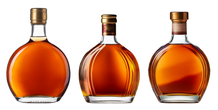 Three elegant bottles of amber liquor on a white isolated background.
