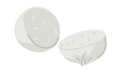 Mozzarella. A cut piece of round cheese in half on a white background. Traditional Italian baby mozzarella cheese. Flat design for cafe, restaurant, poster. Hand-drawn. Circle of the dairy product