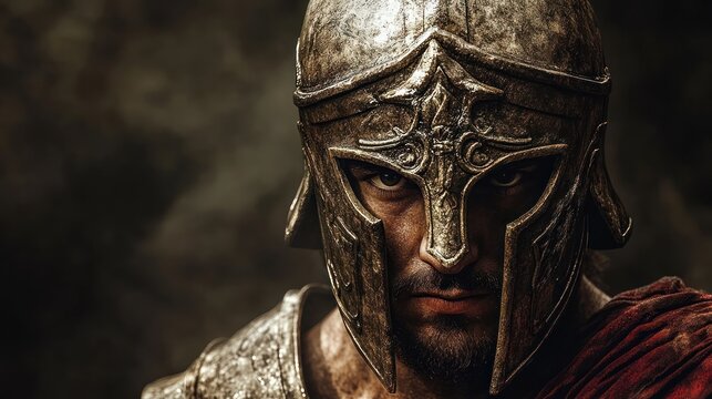A close-up portrait of a stoic Spartan warrior wearing a helmet.