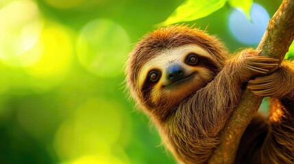 Fototapeta premium Cute sloth hanging on a tree branch in a lush green environment.