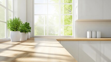Fototapeta premium A bright, modern minimalist kitchen with white cabinets, a wooden countertop, and large windows