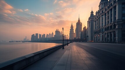 Obraz premium A rare, empty view of the Bund in Shanghai, taken at sunrise with no pedestrians, highlighting the skyline and historic waterfront buildings.
