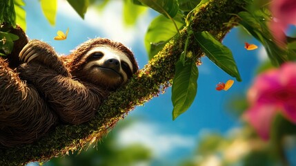 Naklejka premium Sloth lounging on a tree branch, surrounded by vibrant leaves and colorful flowers.