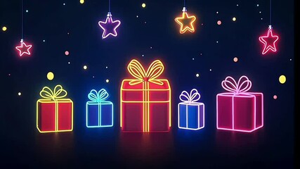 video of Christmas gifts with glowing neon light effect and hanging star ornament light, on black background, seamless loop video animation