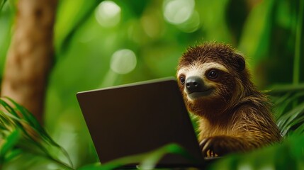 Fototapeta premium Sloth using laptop in lush green environment, nature background.