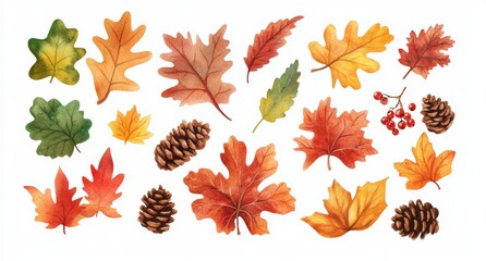 On a white background, a watercolor collection of autumn leaves, berries, and pine cones.