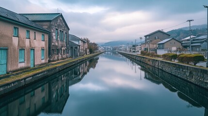 A serene photo of the Otaru Canal in Hokkaido, with no boats or tourists, capturing the peaceful waterway surrounded by old warehouses.