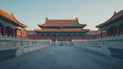 Obraz premium A serene photo of the Forbidden City in Beijing, with no visitors present, showcasing the intricate architecture and peaceful courtyards under a clear sky.