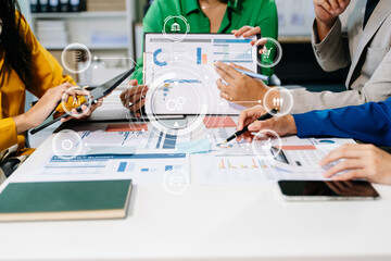 Working team meeting concept, business using laptop and smart phone and digital tablet computer...