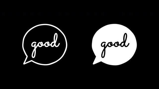 Good, happy, love, haha, cute, cool, sweet, yummy words in bubble text animated on transparent background. White speech balloon doodle wiggle motion graphic with alpha channel. Laughing, compliment.